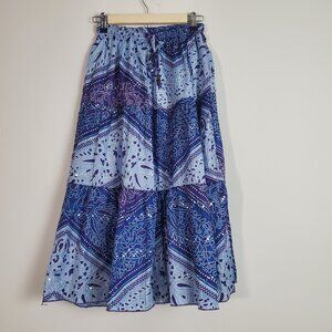 Women's Boho Chic Midi Skirt Small Blue Sequins Maximalist Artsy Floral Pull On